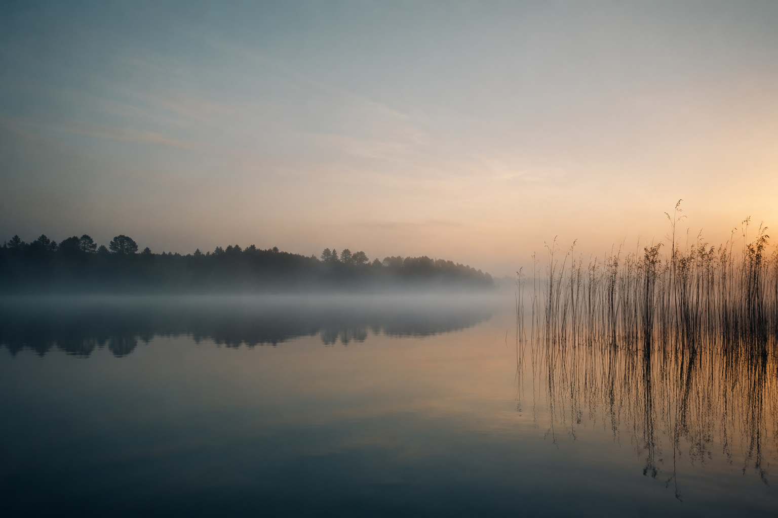 Still water and reeds in soft dawn light